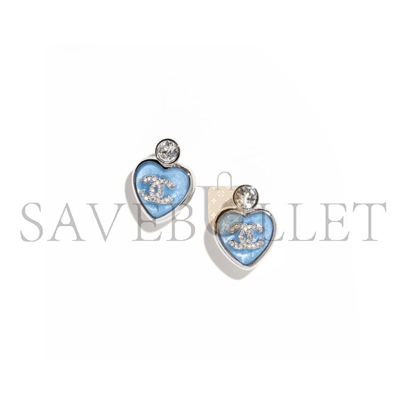 CHANEL BLUE CC LOGO HEART RHINESTONE EARRINGS ABE524
